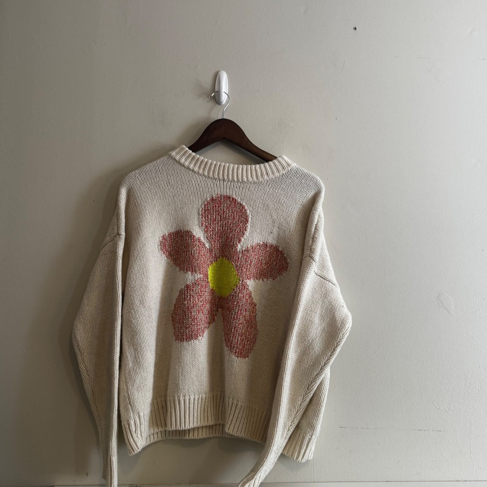 Kimchi Blue Womens M Pink Flower Knit Sweater Cream Cottagecore Fall Boho Indie